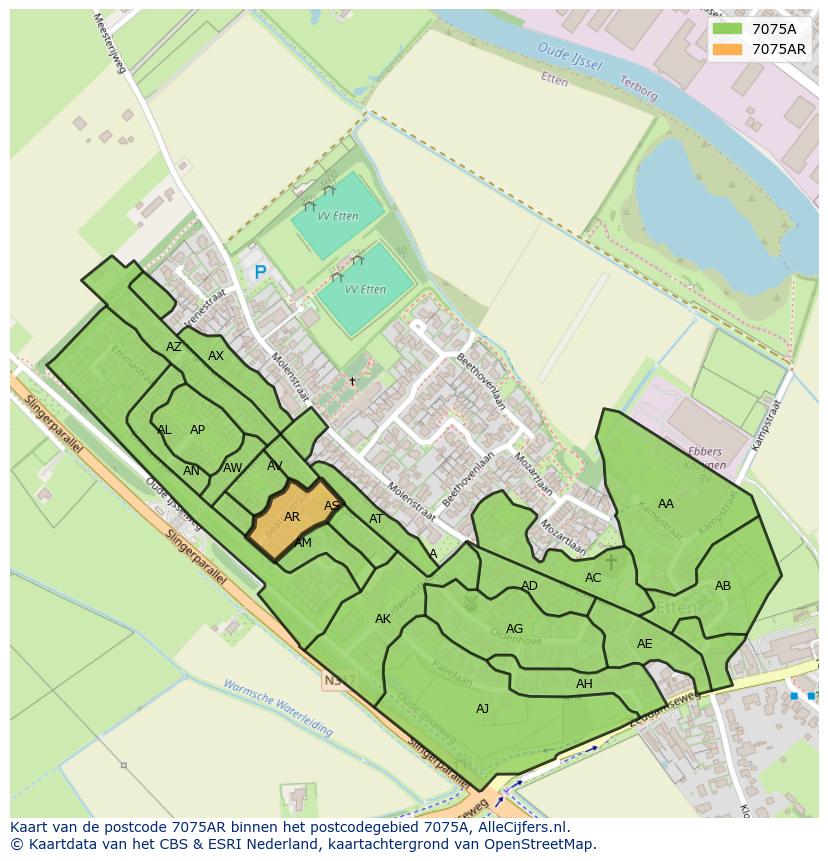 Afbeelding van het postcodegebied 7075 AR op de kaart.