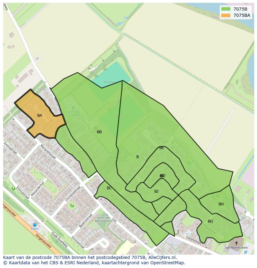Afbeelding van het postcodegebied 7075 BA op de kaart.