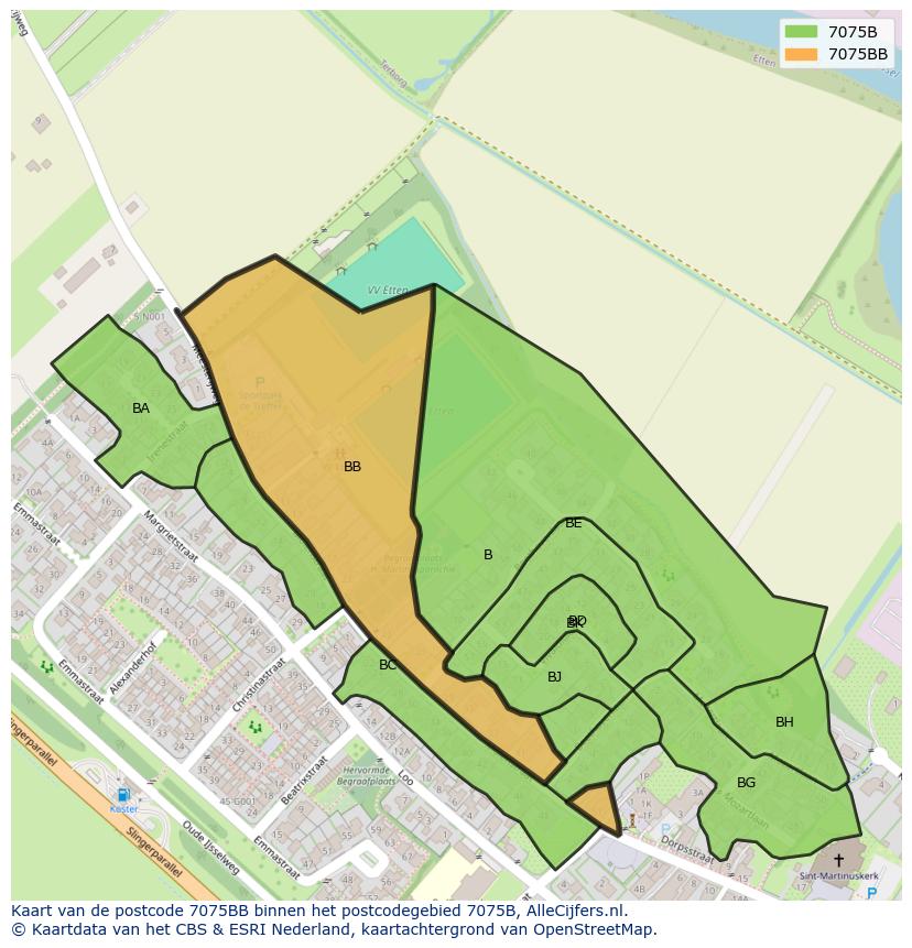 Afbeelding van het postcodegebied 7075 BB op de kaart.