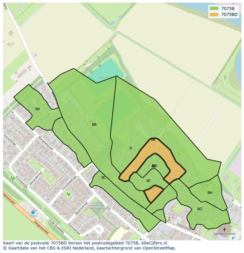 Afbeelding van het postcodegebied 7075 BD op de kaart.