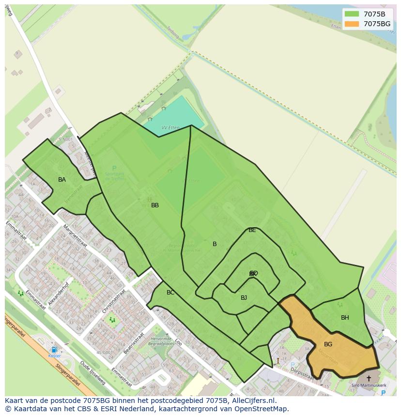 Afbeelding van het postcodegebied 7075 BG op de kaart.