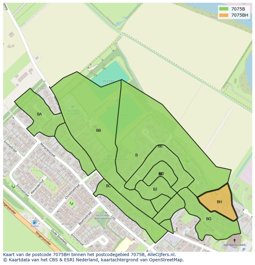 Afbeelding van het postcodegebied 7075 BH op de kaart.