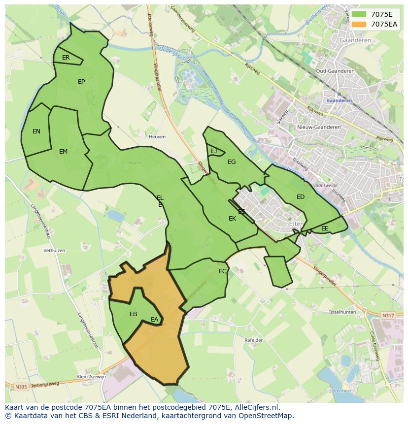 Afbeelding van het postcodegebied 7075 EA op de kaart.