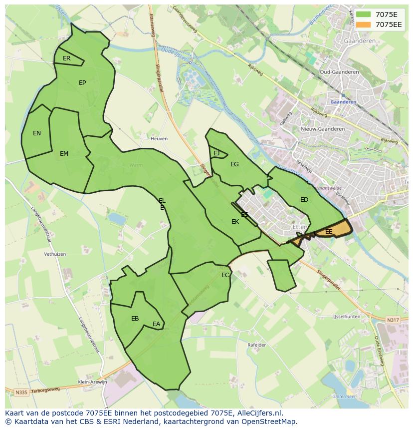 Afbeelding van het postcodegebied 7075 EE op de kaart.