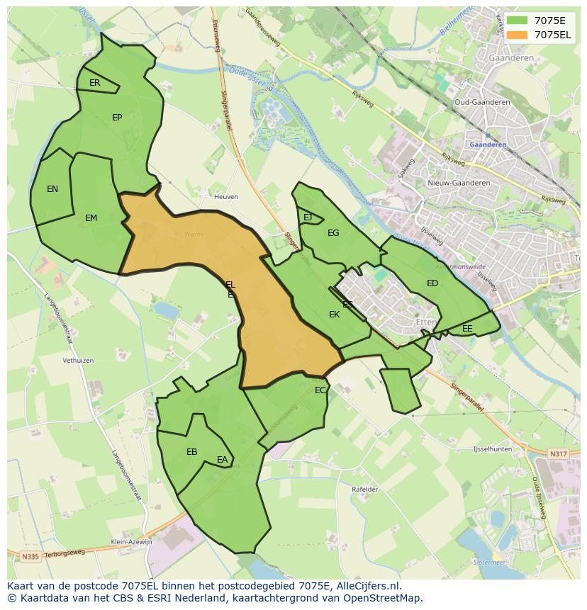 Afbeelding van het postcodegebied 7075 EL op de kaart.