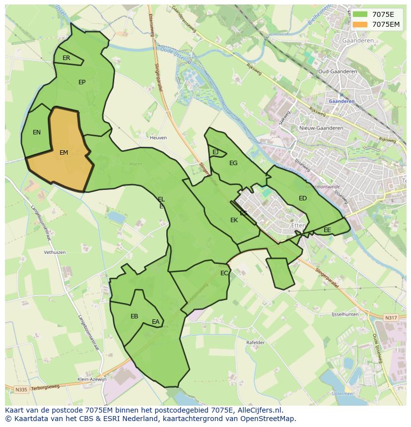 Afbeelding van het postcodegebied 7075 EM op de kaart.