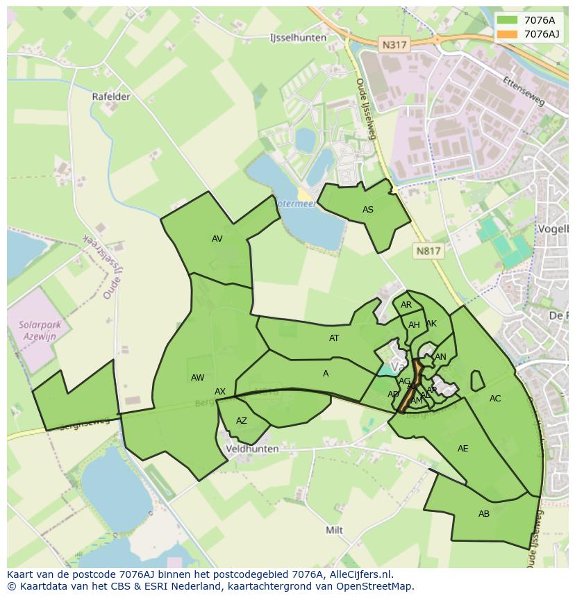 Afbeelding van het postcodegebied 7076 AJ op de kaart.