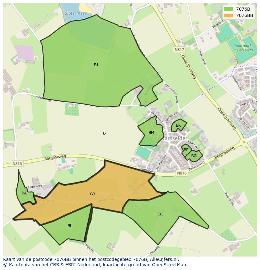Afbeelding van het postcodegebied 7076 BB op de kaart.