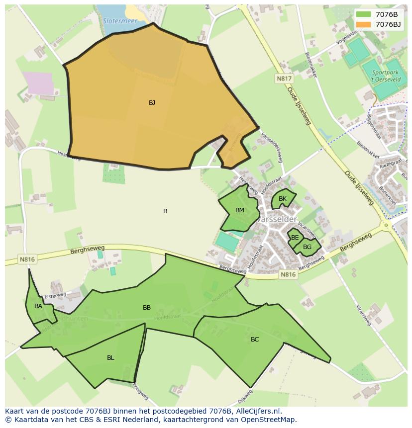 Afbeelding van het postcodegebied 7076 BJ op de kaart.