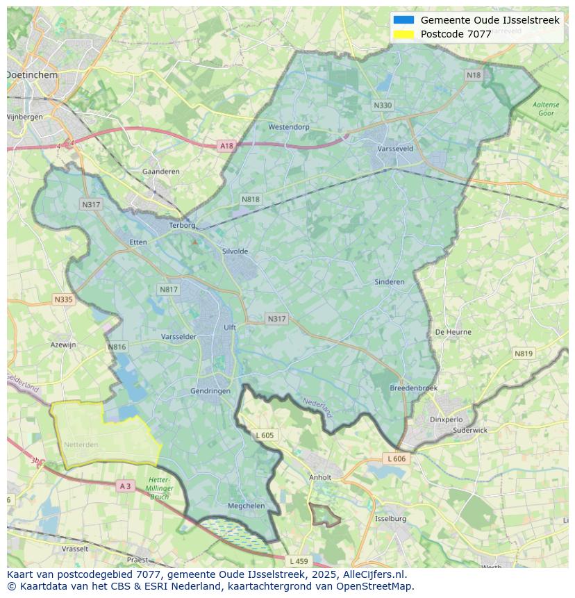 Afbeelding van het postcodegebied 7077 op de kaart.