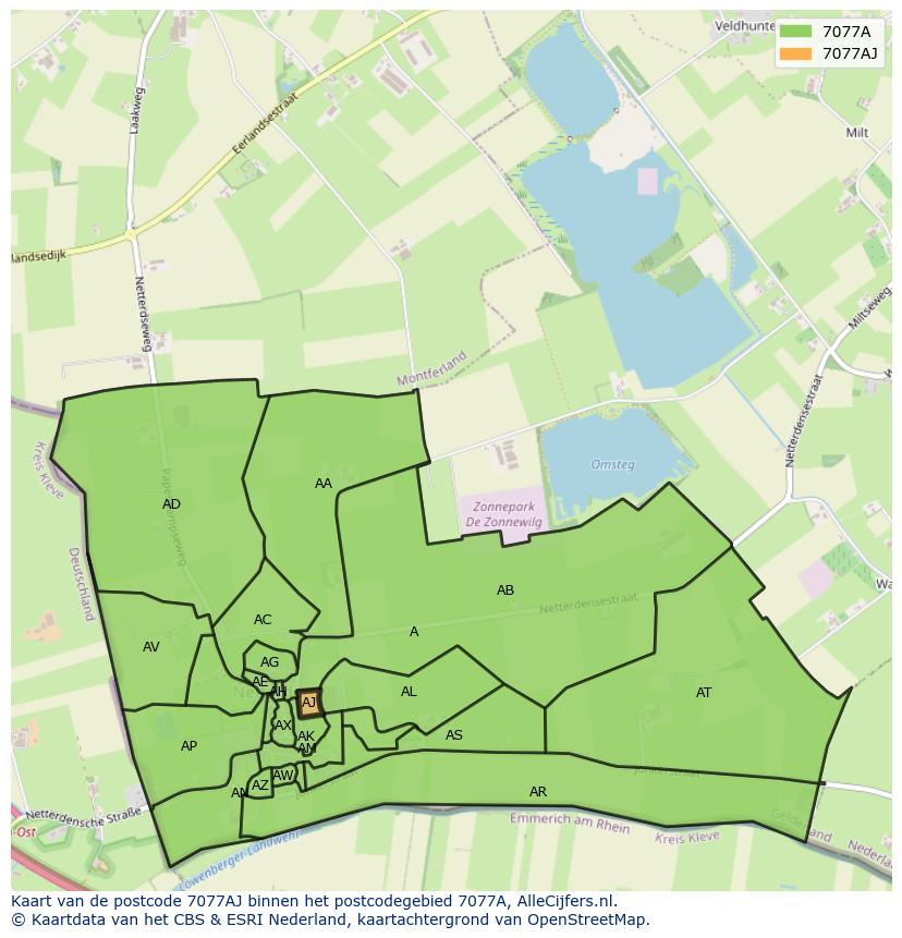 Afbeelding van het postcodegebied 7077 AJ op de kaart.