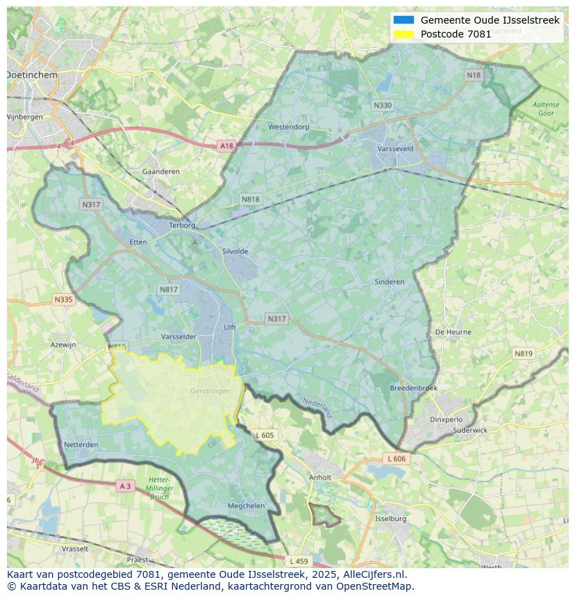 Afbeelding van het postcodegebied 7081 op de kaart.