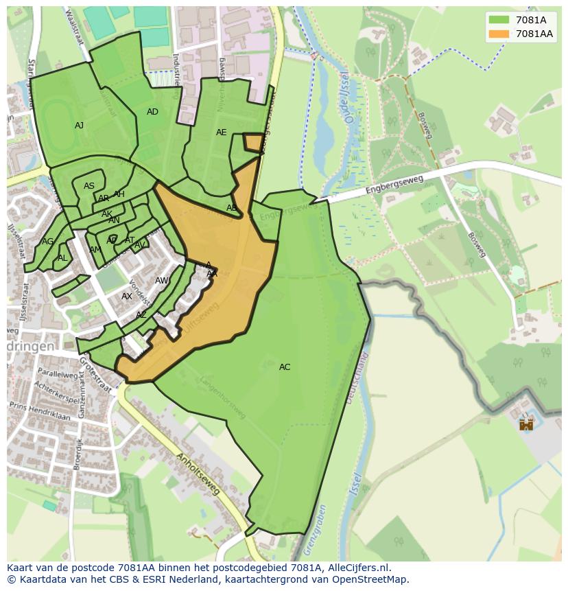 Afbeelding van het postcodegebied 7081 AA op de kaart.