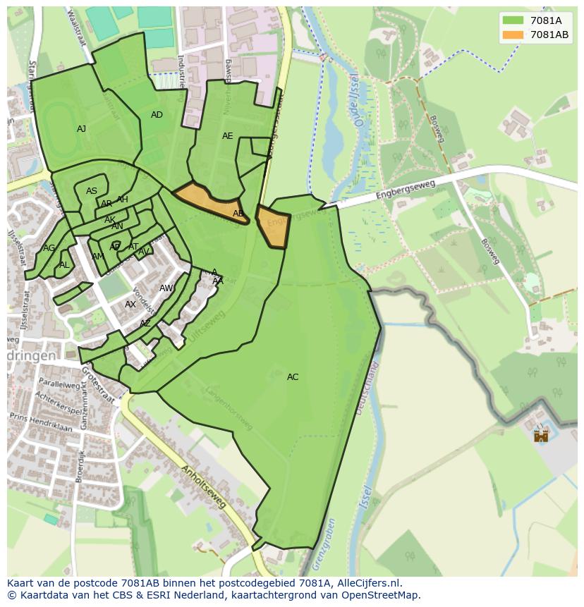 Afbeelding van het postcodegebied 7081 AB op de kaart.