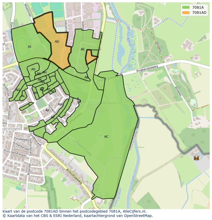Afbeelding van het postcodegebied 7081 AD op de kaart.