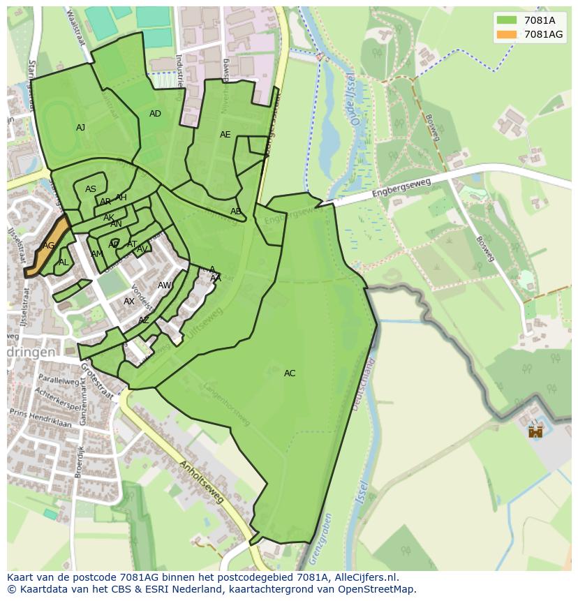 Afbeelding van het postcodegebied 7081 AG op de kaart.