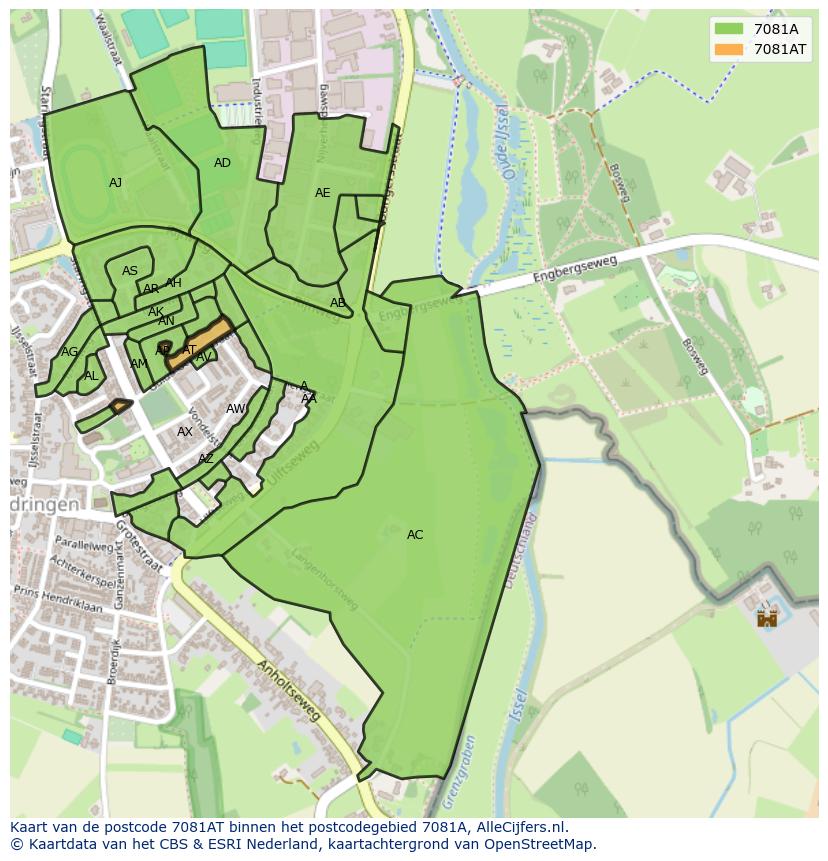 Afbeelding van het postcodegebied 7081 AT op de kaart.