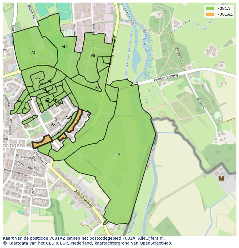 Afbeelding van het postcodegebied 7081 AZ op de kaart.