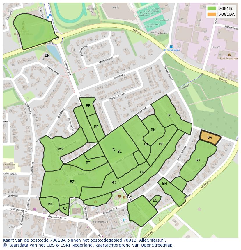 Afbeelding van het postcodegebied 7081 BA op de kaart.