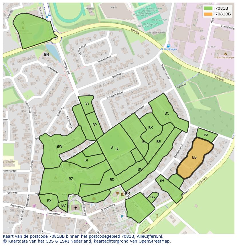 Afbeelding van het postcodegebied 7081 BB op de kaart.