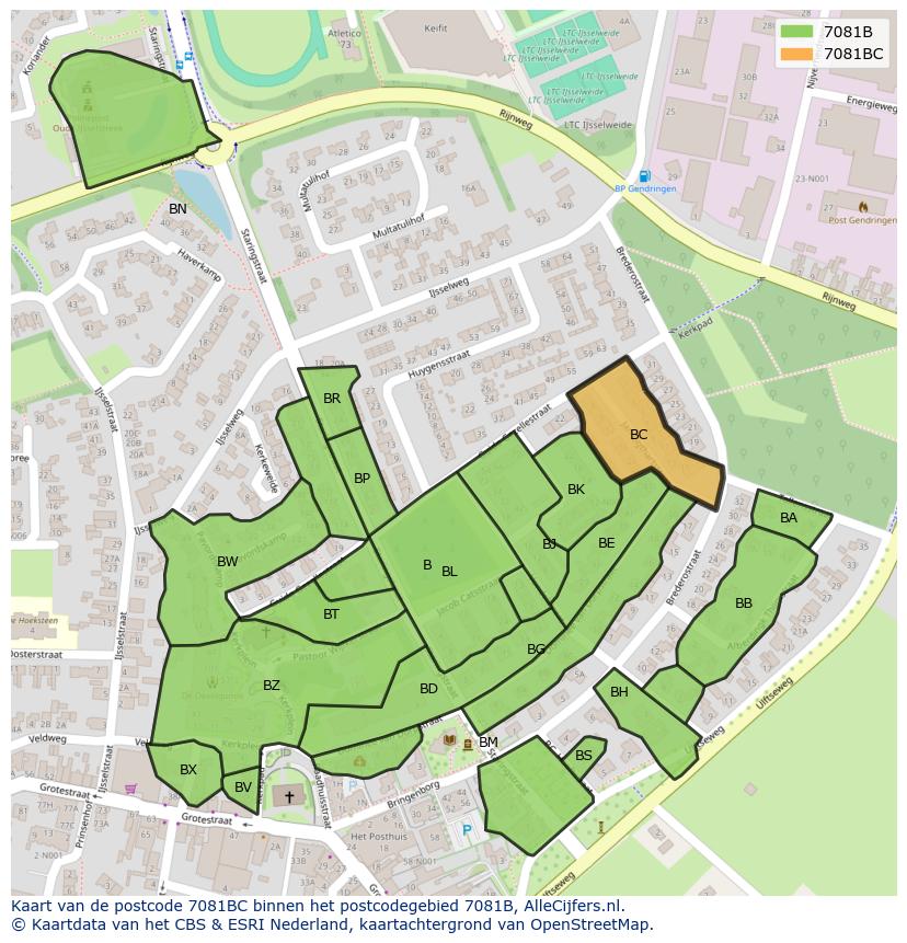 Afbeelding van het postcodegebied 7081 BC op de kaart.