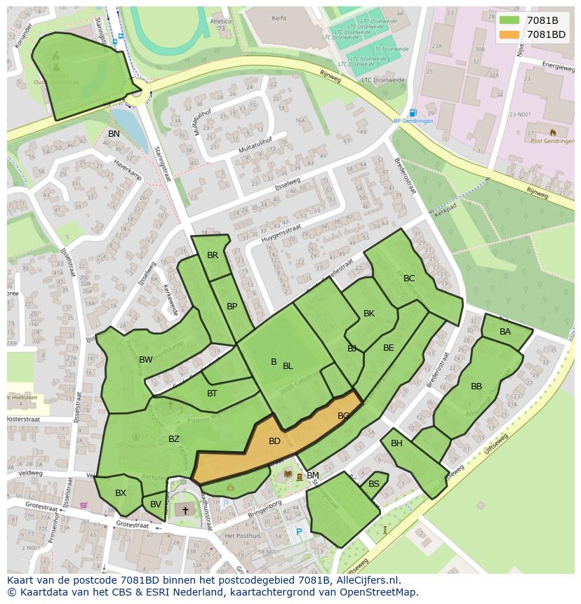 Afbeelding van het postcodegebied 7081 BD op de kaart.