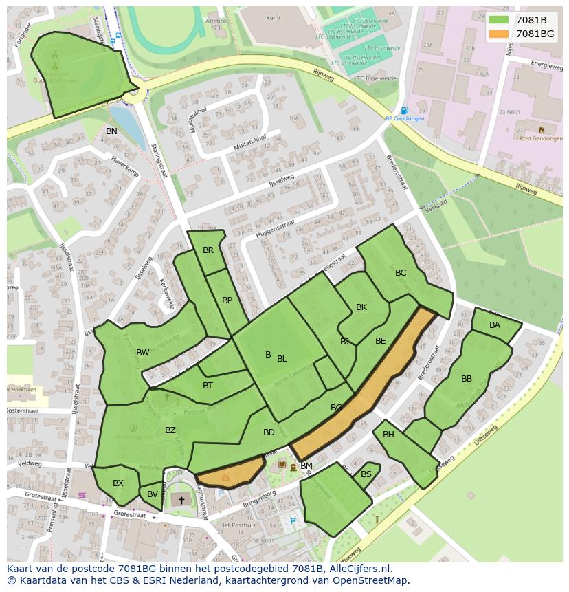 Afbeelding van het postcodegebied 7081 BG op de kaart.