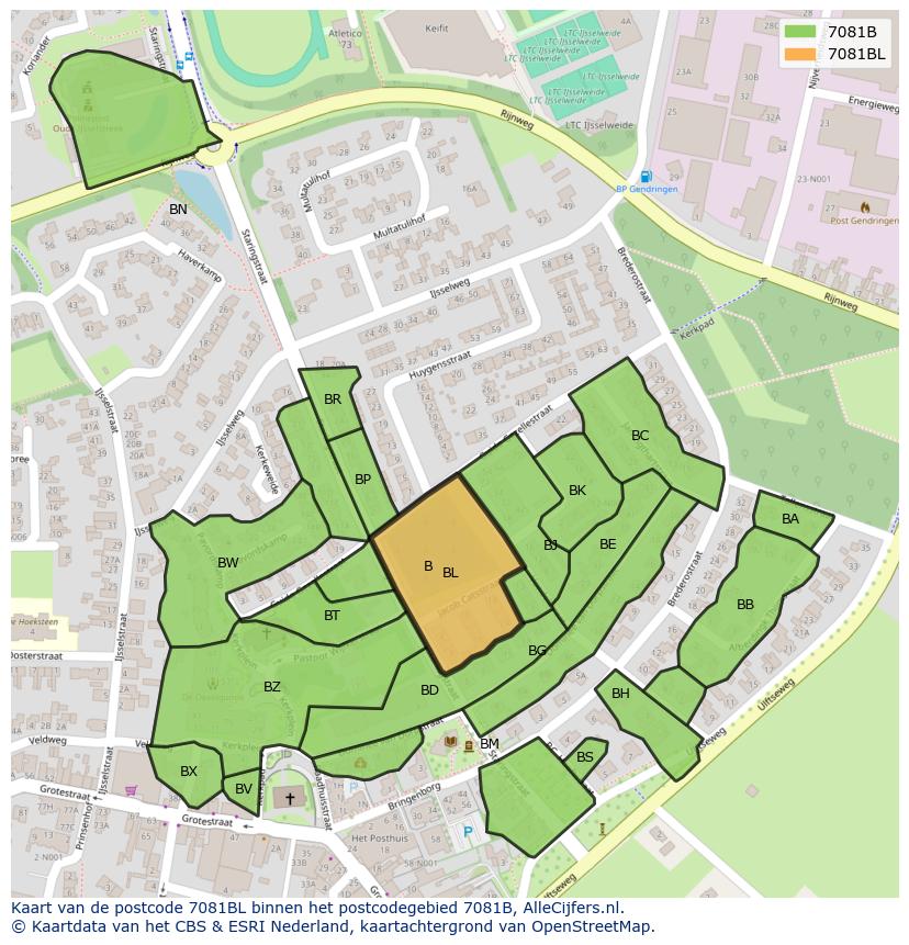 Afbeelding van het postcodegebied 7081 BL op de kaart.