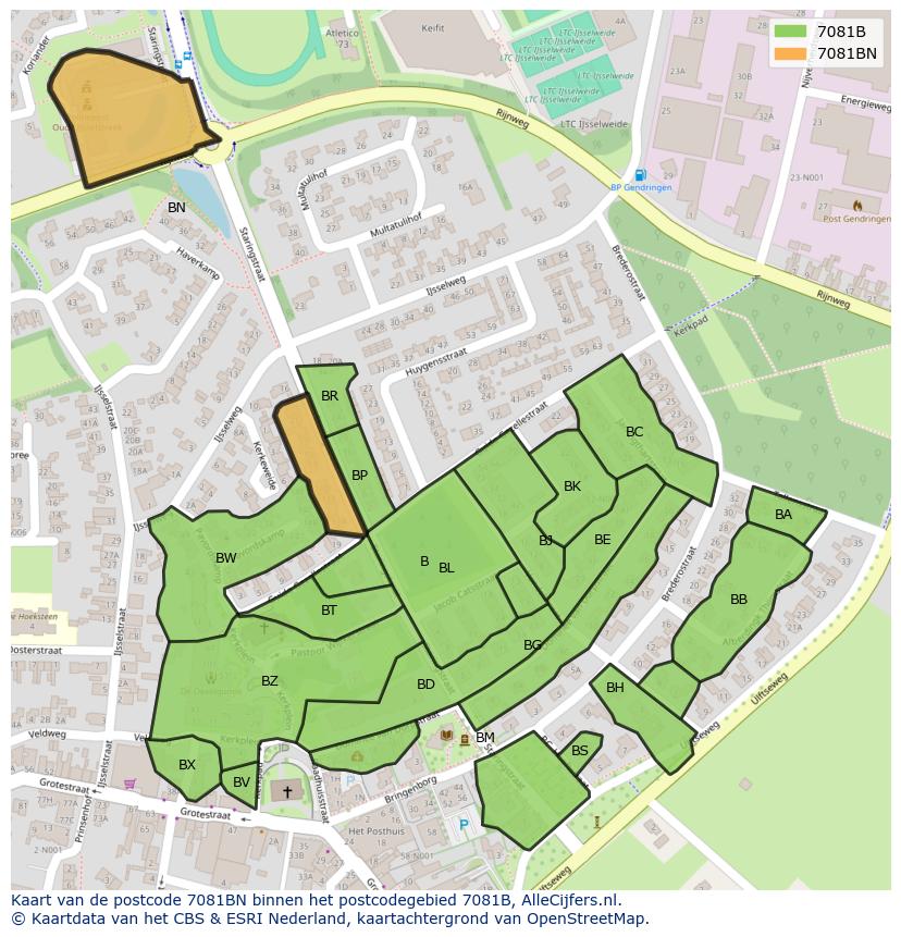 Afbeelding van het postcodegebied 7081 BN op de kaart.