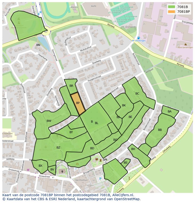 Afbeelding van het postcodegebied 7081 BP op de kaart.