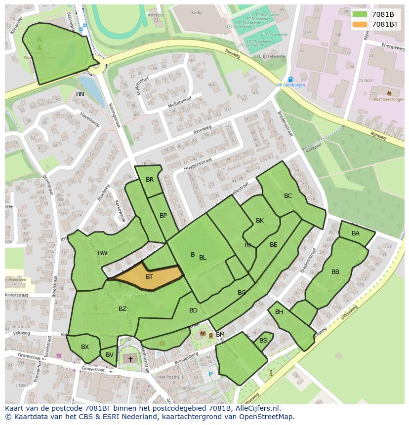Afbeelding van het postcodegebied 7081 BT op de kaart.