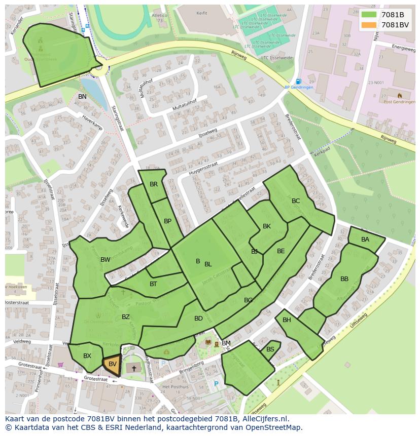Afbeelding van het postcodegebied 7081 BV op de kaart.