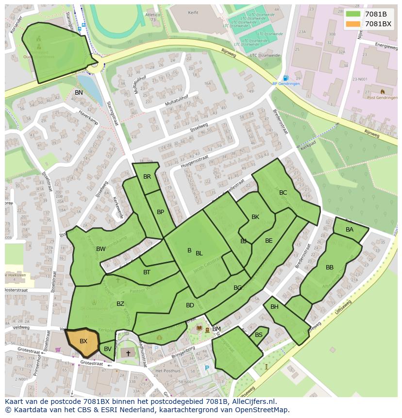 Afbeelding van het postcodegebied 7081 BX op de kaart.