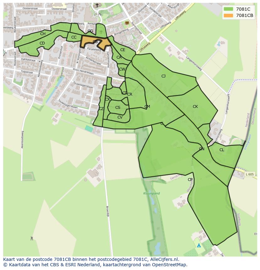 Afbeelding van het postcodegebied 7081 CB op de kaart.