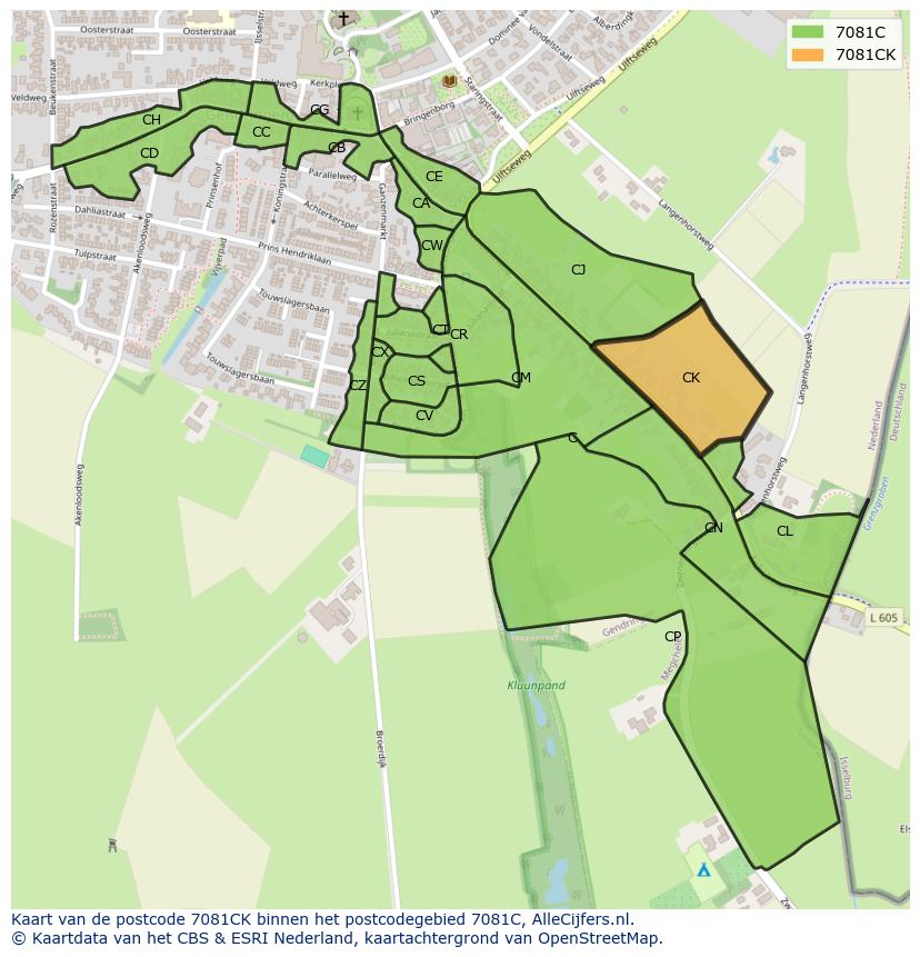 Afbeelding van het postcodegebied 7081 CK op de kaart.