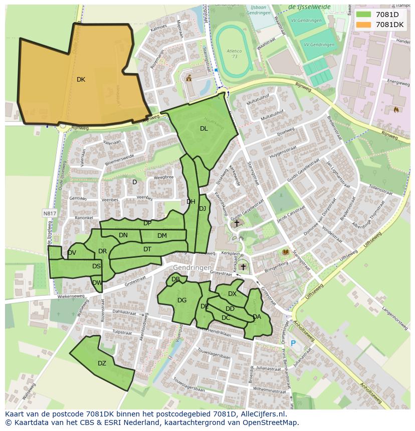Afbeelding van het postcodegebied 7081 DK op de kaart.