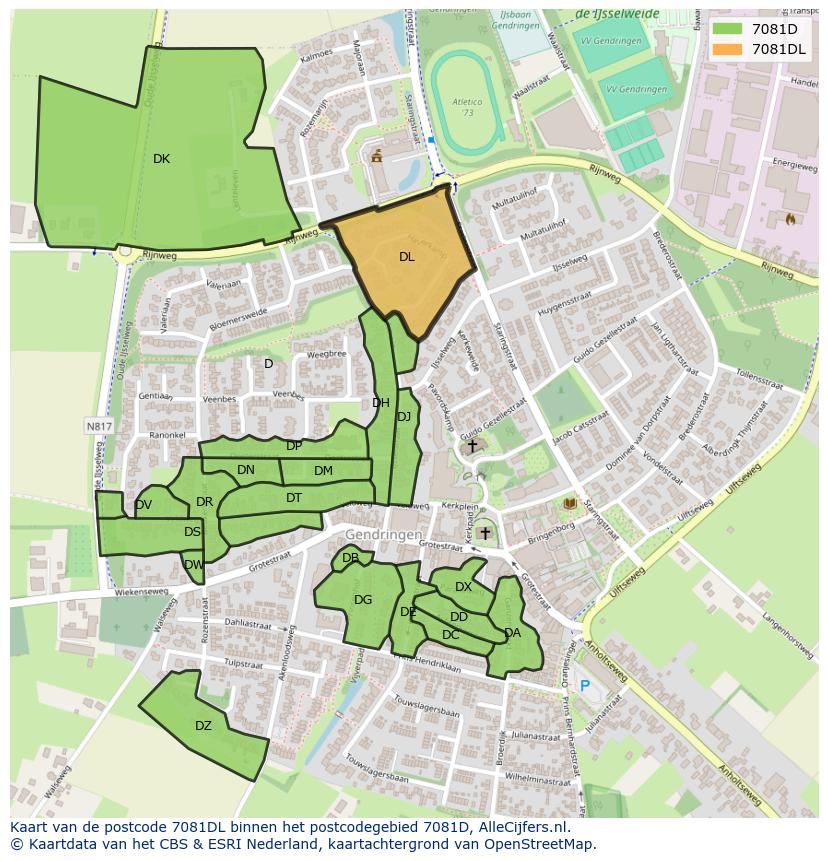 Afbeelding van het postcodegebied 7081 DL op de kaart.
