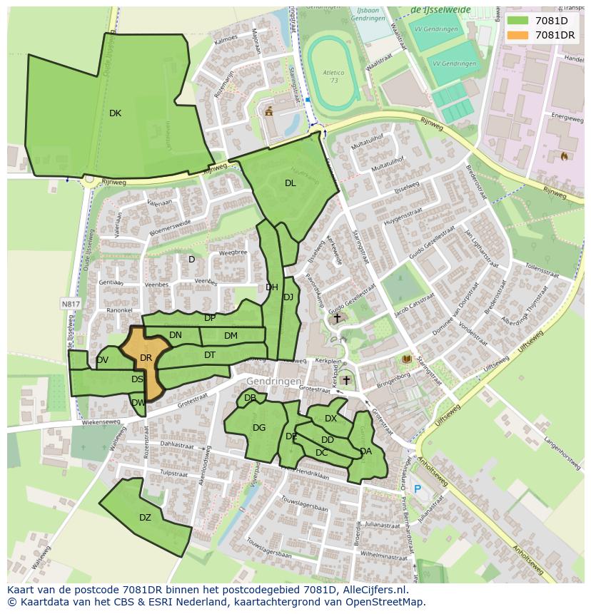 Afbeelding van het postcodegebied 7081 DR op de kaart.