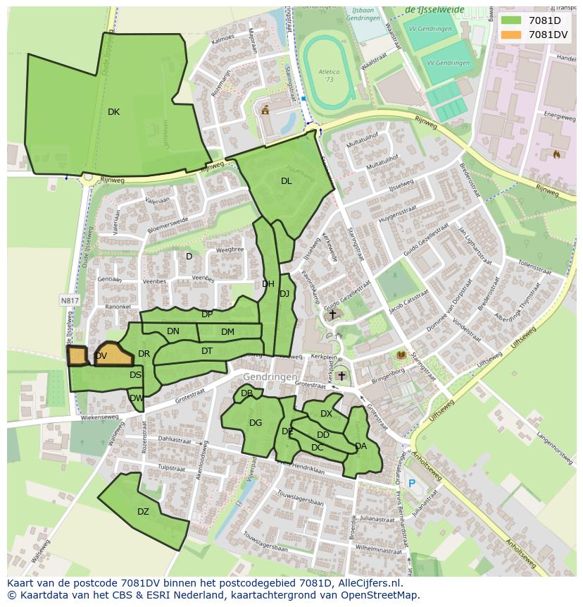 Afbeelding van het postcodegebied 7081 DV op de kaart.