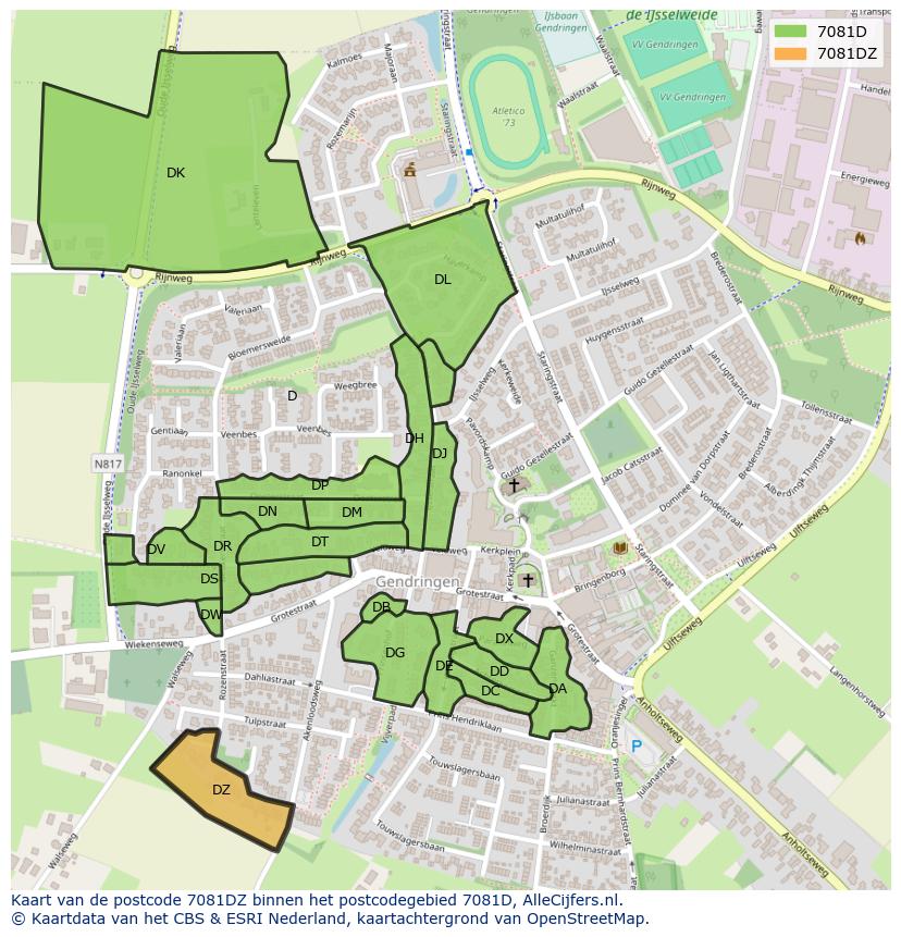 Afbeelding van het postcodegebied 7081 DZ op de kaart.