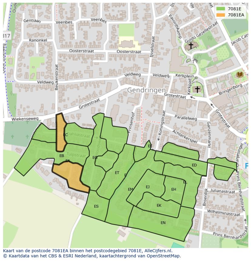 Afbeelding van het postcodegebied 7081 EA op de kaart.