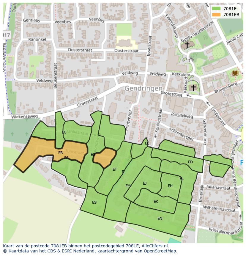 Afbeelding van het postcodegebied 7081 EB op de kaart.