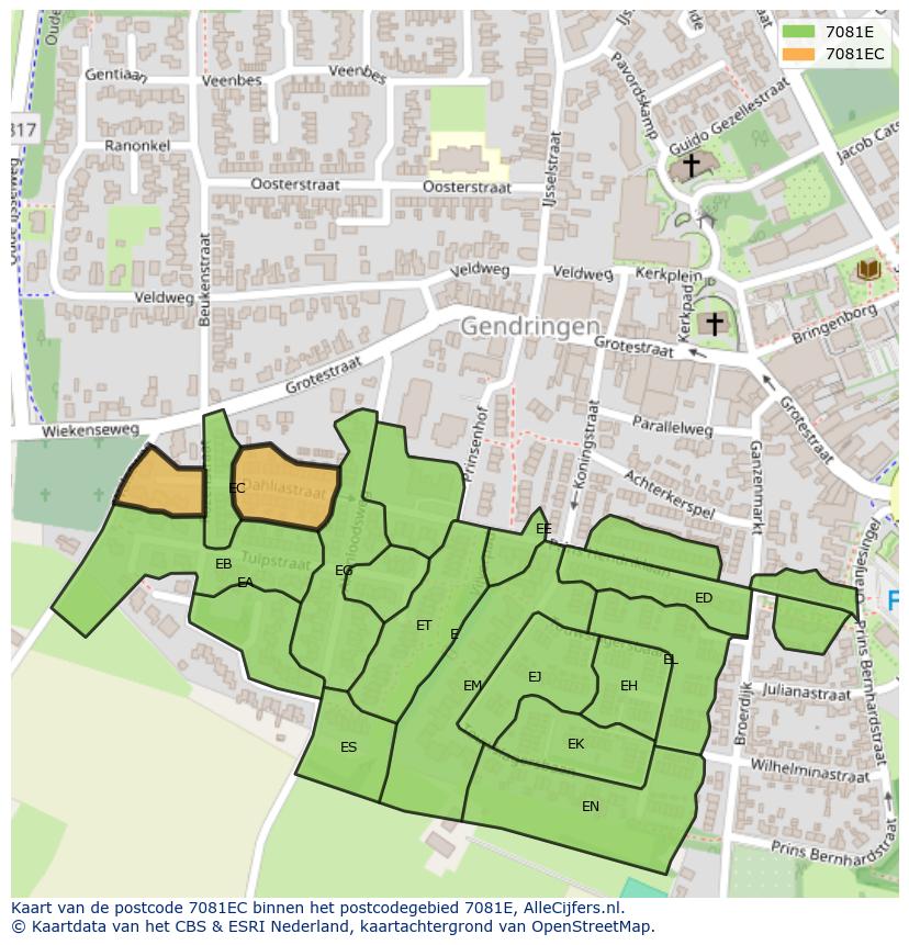 Afbeelding van het postcodegebied 7081 EC op de kaart.