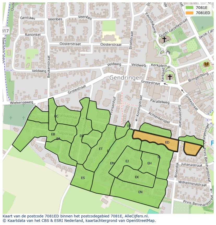 Afbeelding van het postcodegebied 7081 ED op de kaart.