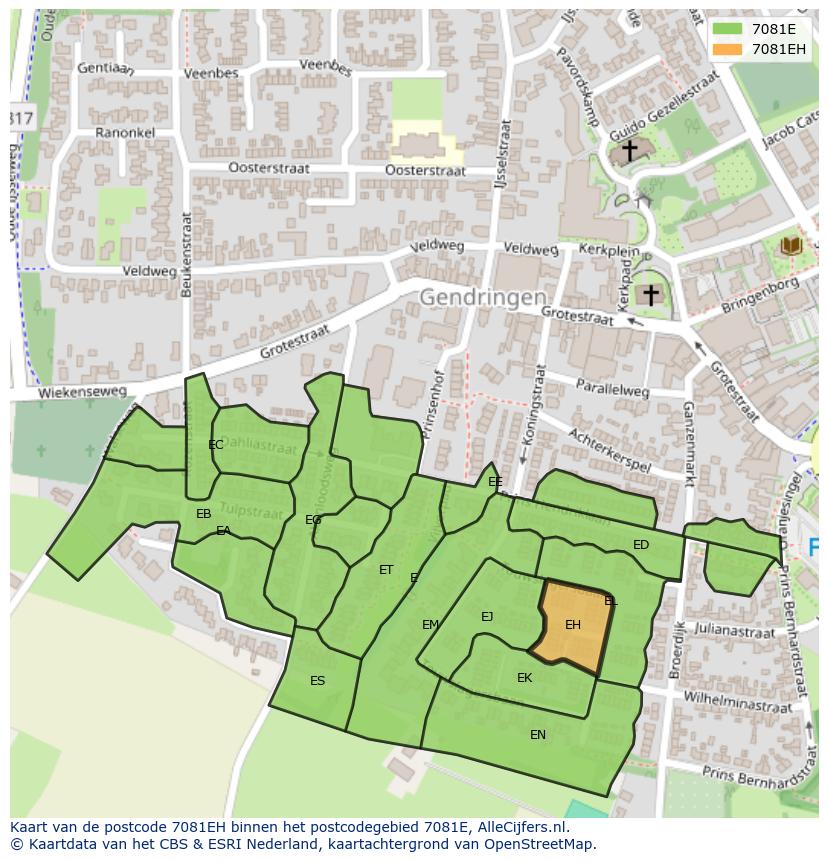 Afbeelding van het postcodegebied 7081 EH op de kaart.