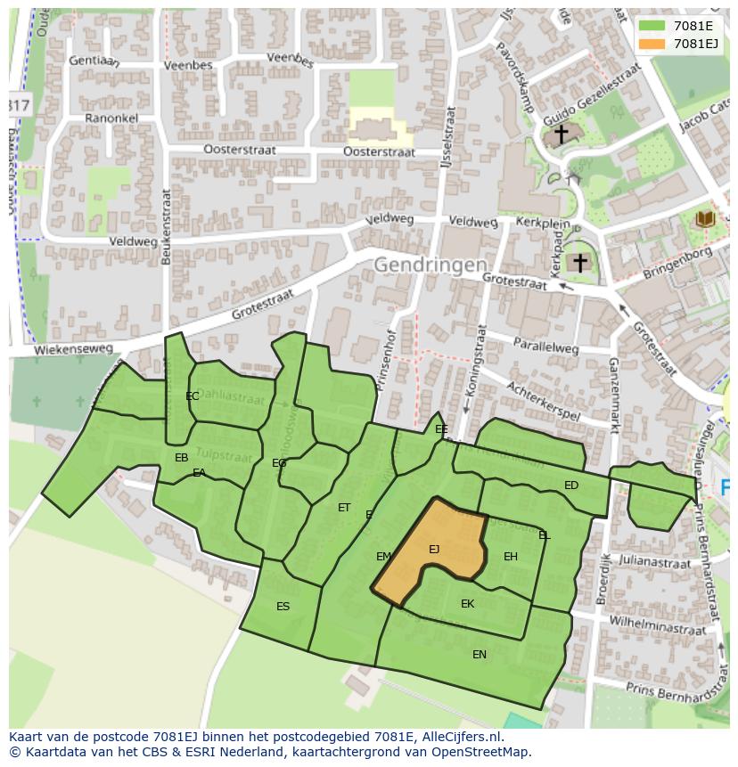 Afbeelding van het postcodegebied 7081 EJ op de kaart.
