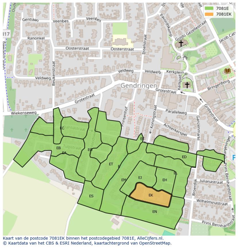 Afbeelding van het postcodegebied 7081 EK op de kaart.