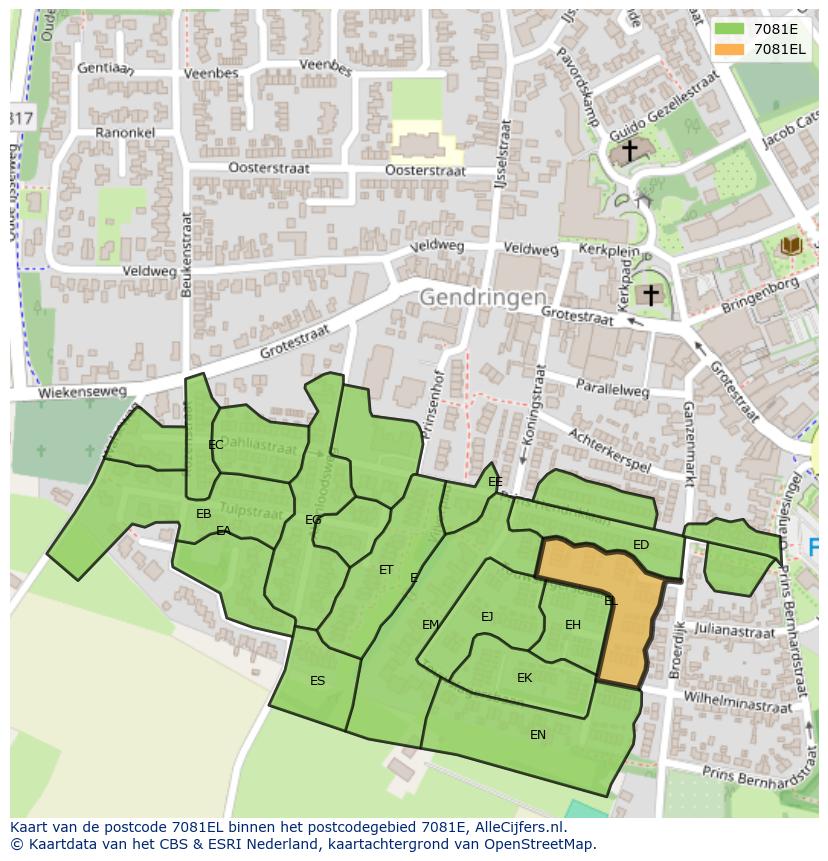Afbeelding van het postcodegebied 7081 EL op de kaart.
