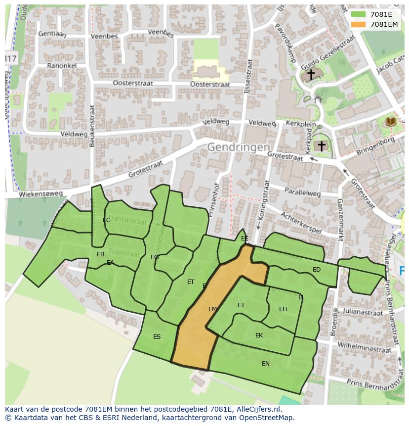 Afbeelding van het postcodegebied 7081 EM op de kaart.