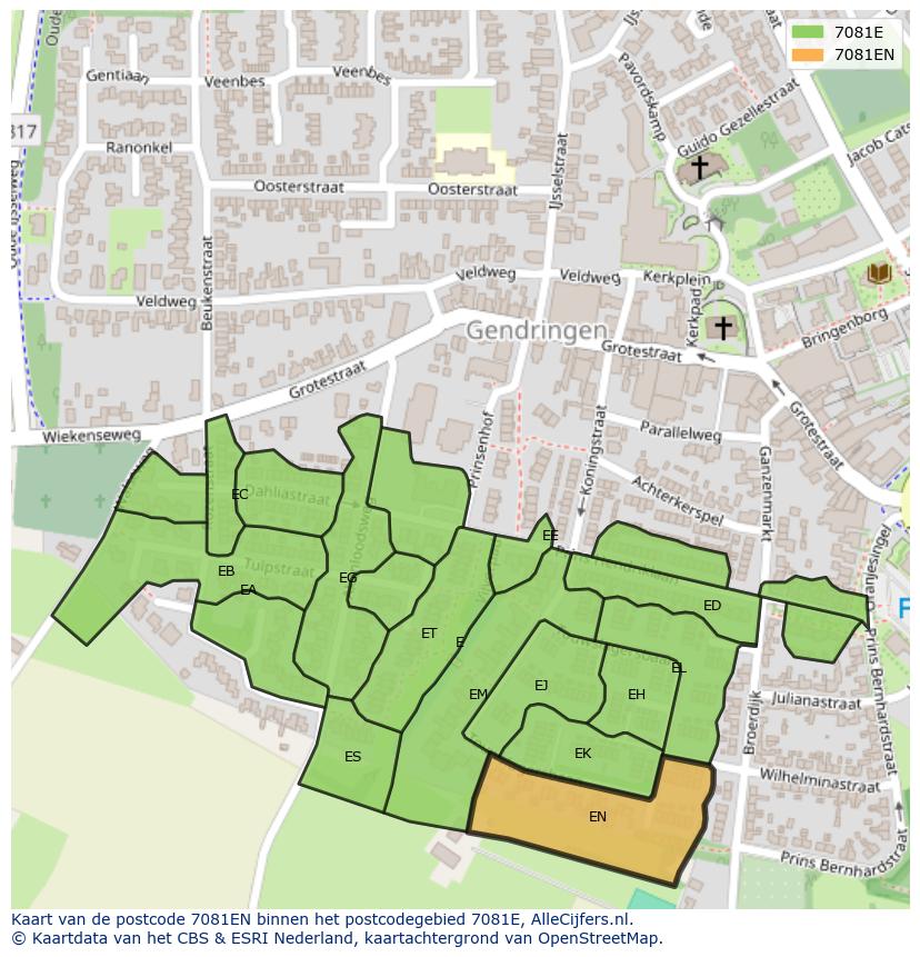 Afbeelding van het postcodegebied 7081 EN op de kaart.